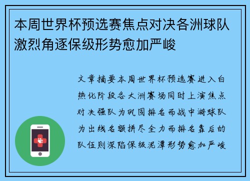 本周世界杯预选赛焦点对决各洲球队激烈角逐保级形势愈加严峻